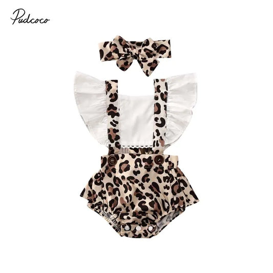 2024 Baby Summer Clothing Newborn Infant Baby Girl Clothes Leopard Jumpsuit Bodysuit Headband 2Pcs Outfits