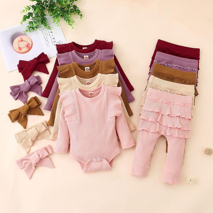 Newborn Baby Girl Clothes Baby Girl Outfits Long Sleeve Romper Frills Pant with Headband 3Pcs Set