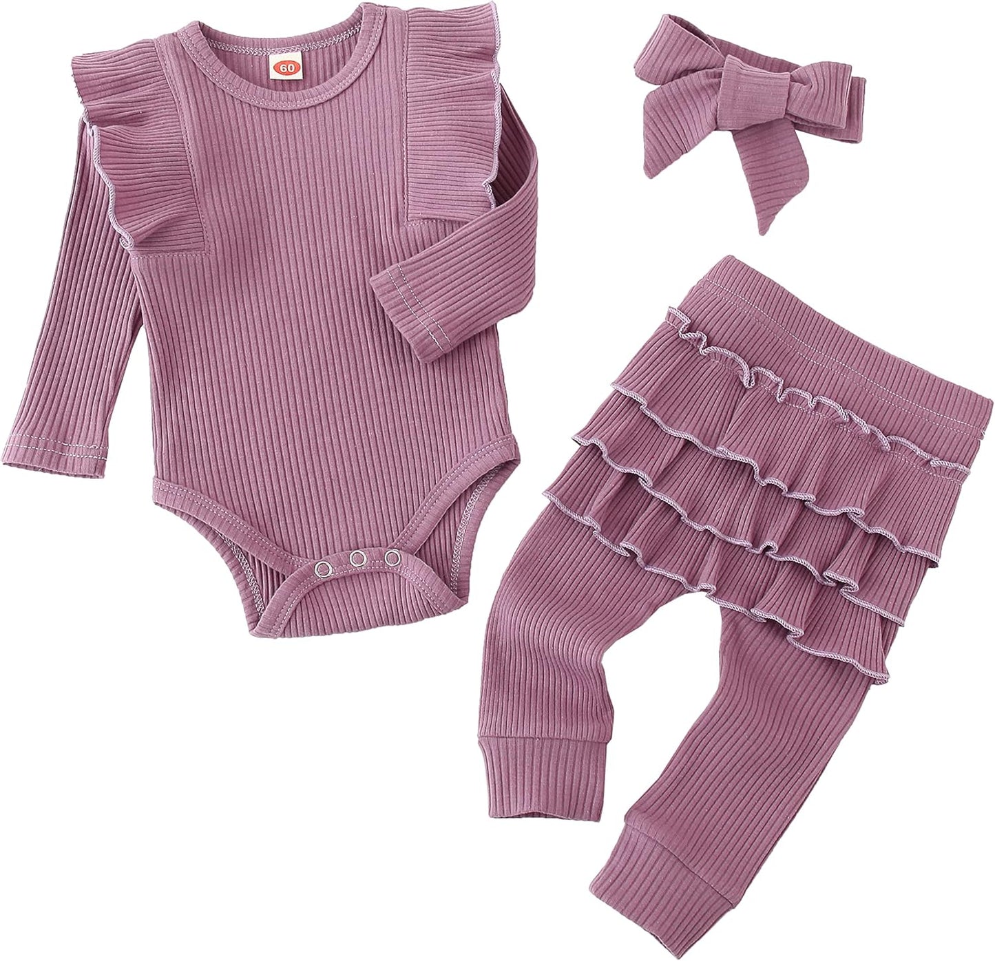 Newborn Baby Girl Clothes Baby Girl Outfits Long Sleeve Romper Frills Pant with Headband 3Pcs Set