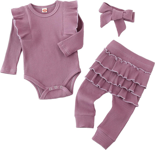 Newborn Baby Girl Clothes Baby Girl Outfits Long Sleeve Romper Frills Pant with Headband 3Pcs Set