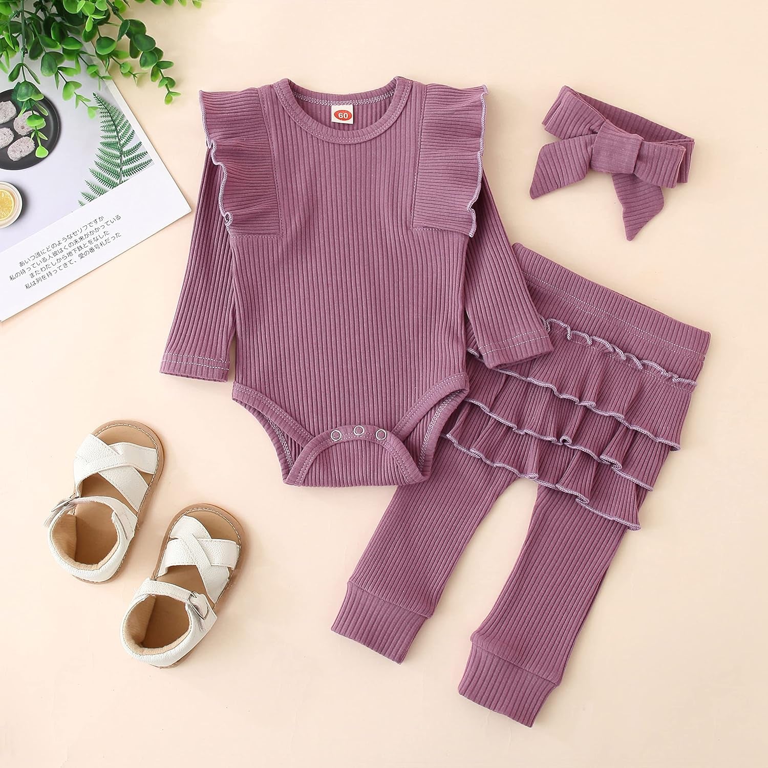 Newborn Baby Girl Clothes Baby Girl Outfits Long Sleeve Romper Frills Pant with Headband 3Pcs Set