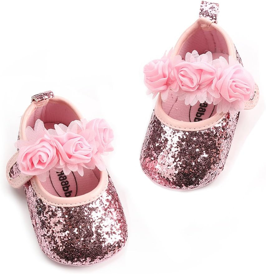 Antheron Baby Girls Mary Jane Flats Soft Sole Infant Moccasins Floral Sparkly Toddler Princess Dress Shoes