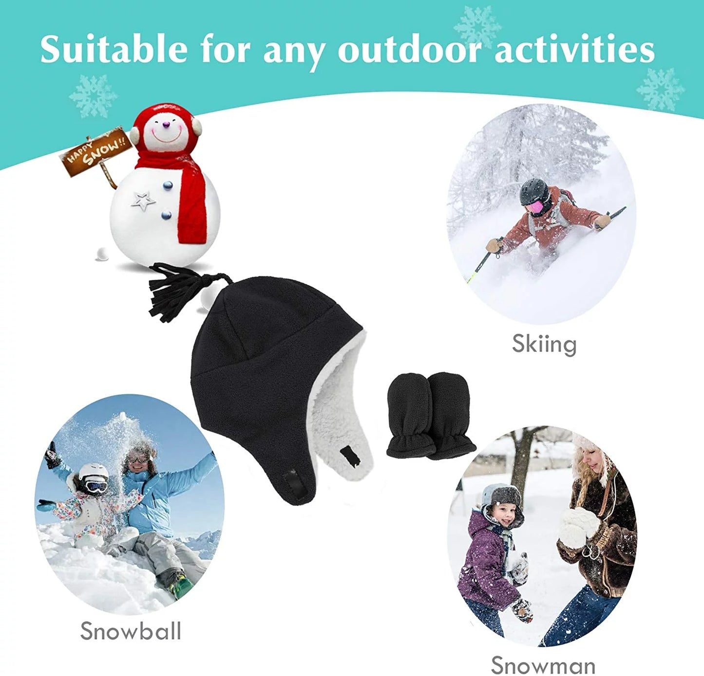 Toddler Winter Hats and Gloves Sets for Boys Warm Polar Fleece Earflap Beanie Hat Black S